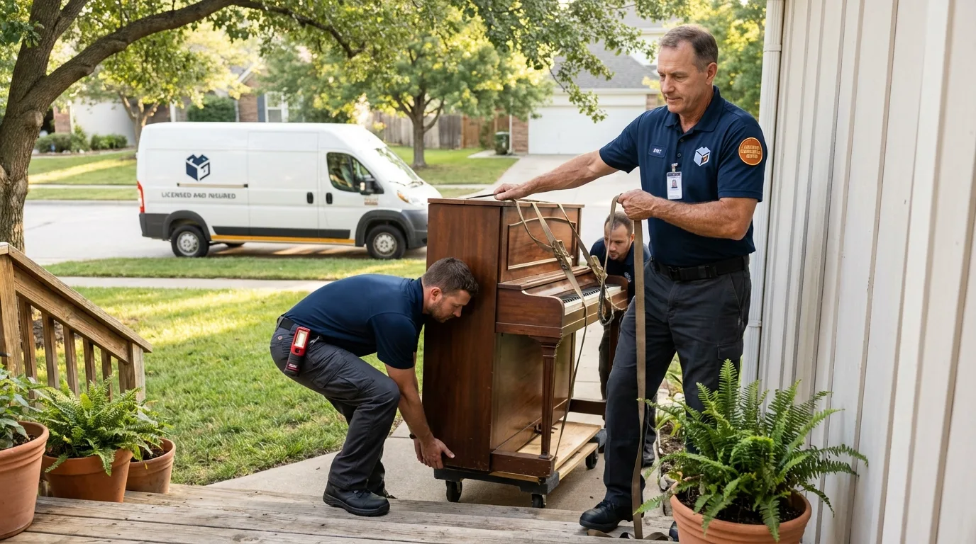 Licensed piano movers securing grand piano in Gibsonton, FL