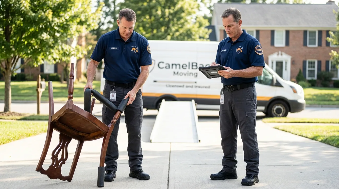 Movers inspecting furniture for damage prevention before loading in Gibsonton, FL